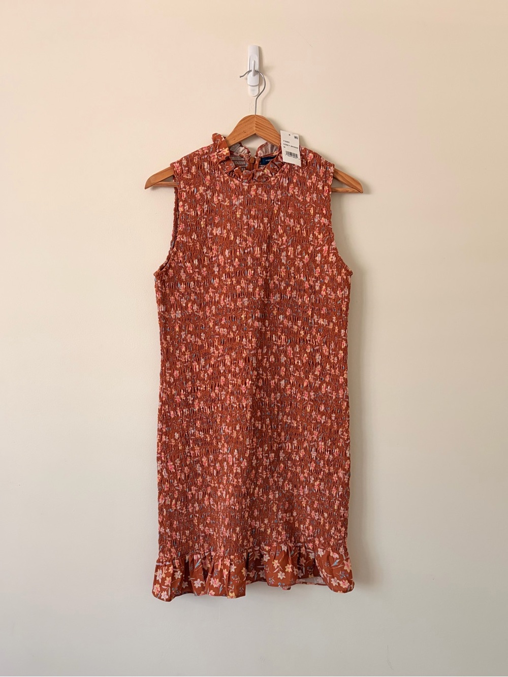 NWT French Connection Rust Floral Ruffle-Hem Mini Dress in Honey Bronze M